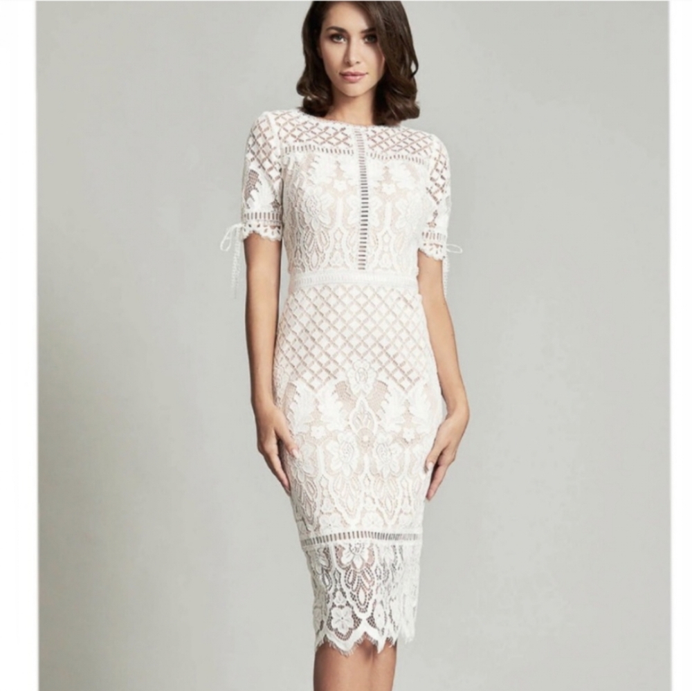 TADASHI SHOJI BOBEK LACE TEA-LENGTH DRESS